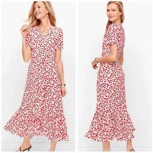Talbots Red Cream Tulips Faux Cascade Wrap Dress size 16